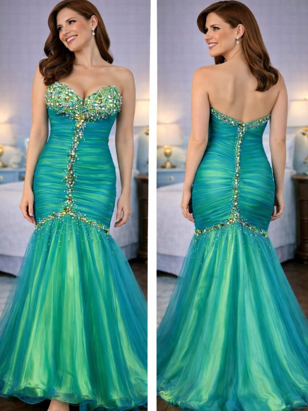 Camille La Vie Turquoise Strapless Mermaid Y2K Formal Gown $400